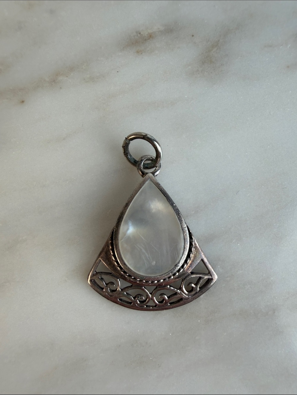 Vintage 925 Sterling Silver Teardrop Filigree Mother-of-Pearl Pendant